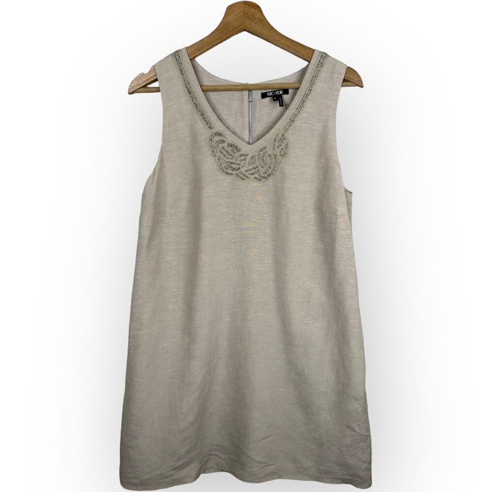 Nic+Zoe Womens size Medium Linen Blend Beaded Shift Dress Beige